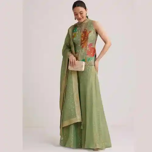 Angad Singh Green Tissue Choga Set